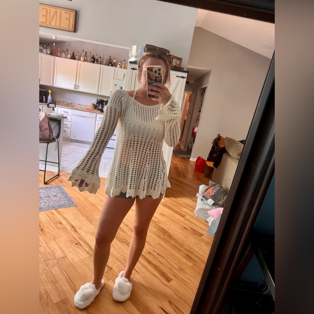 Poof! Cream Crochet Bell Sleeve Top